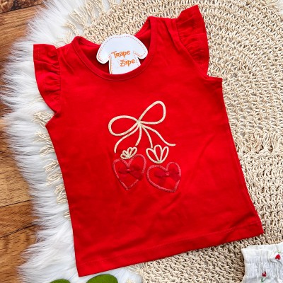 Conj. Blusa Laço e Short Flores de Corações com Mini Bolsos - Vermelho
